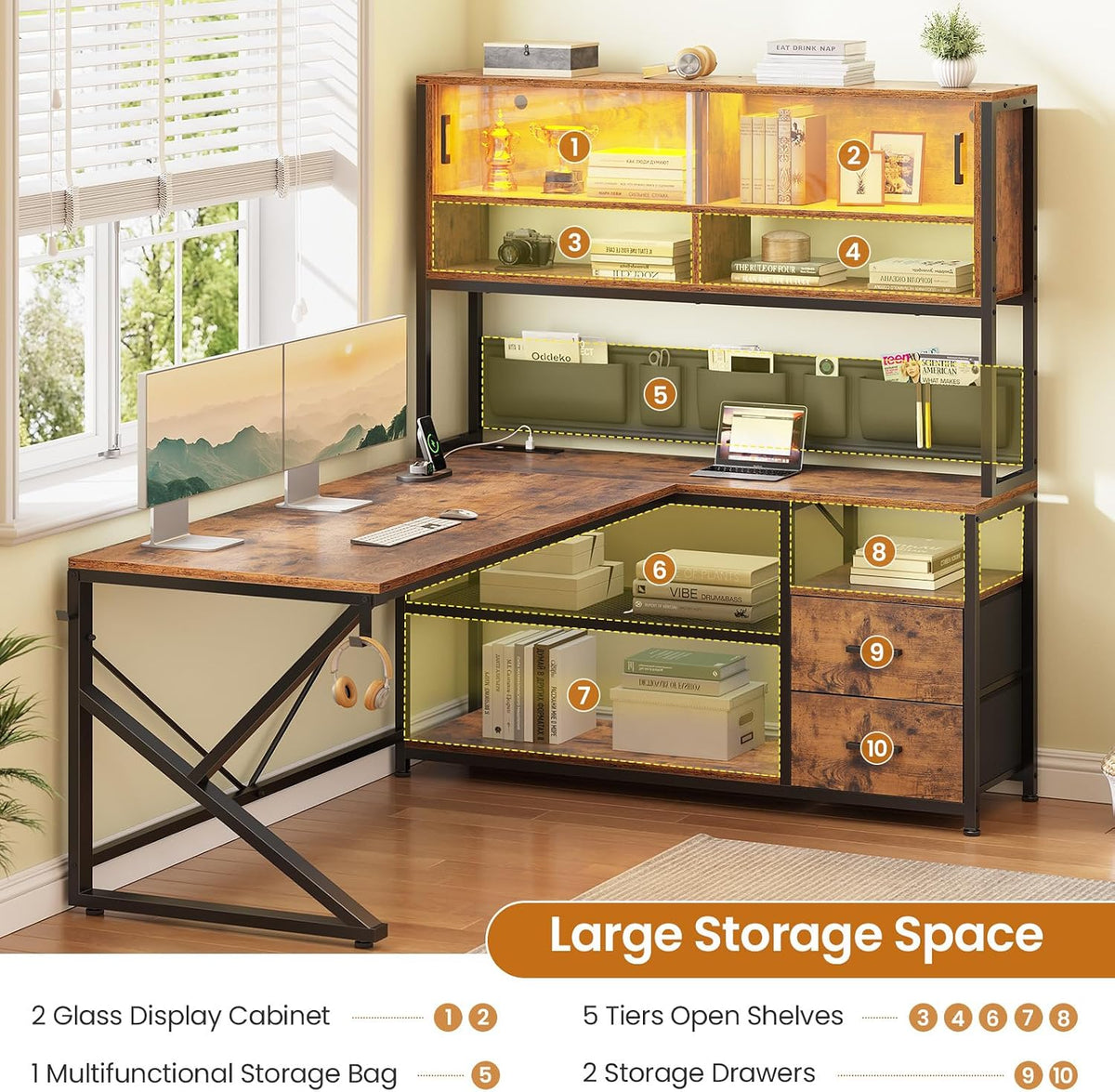 L Shaped Office Desk with Storage Shelves, 2 Drawer, LED Light