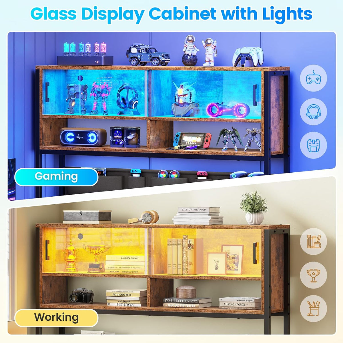 L Shaped Office Desk with Storage Shelves, 2 Drawer, LED Light