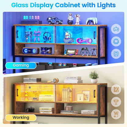 L Shaped Office Desk with Storage Shelves, 2 Drawer, LED Light
