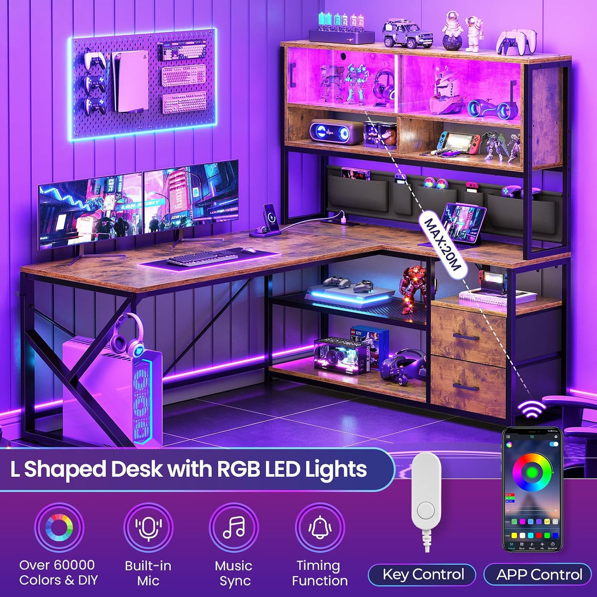L Shaped Office Desk with Storage Shelves, 2 Drawer, LED Light