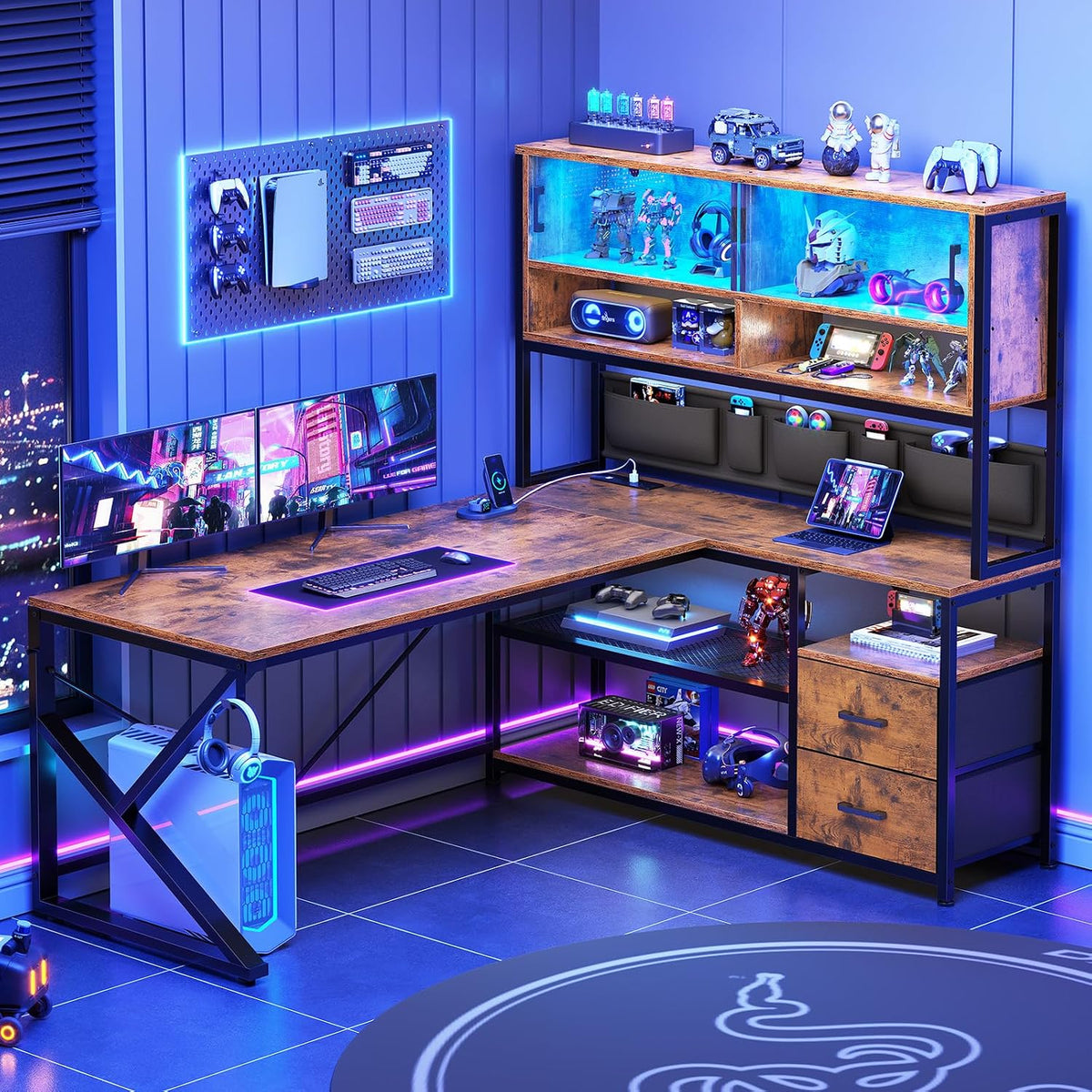 L Shaped Office Desk with Storage Shelves, 2 Drawer, LED Light