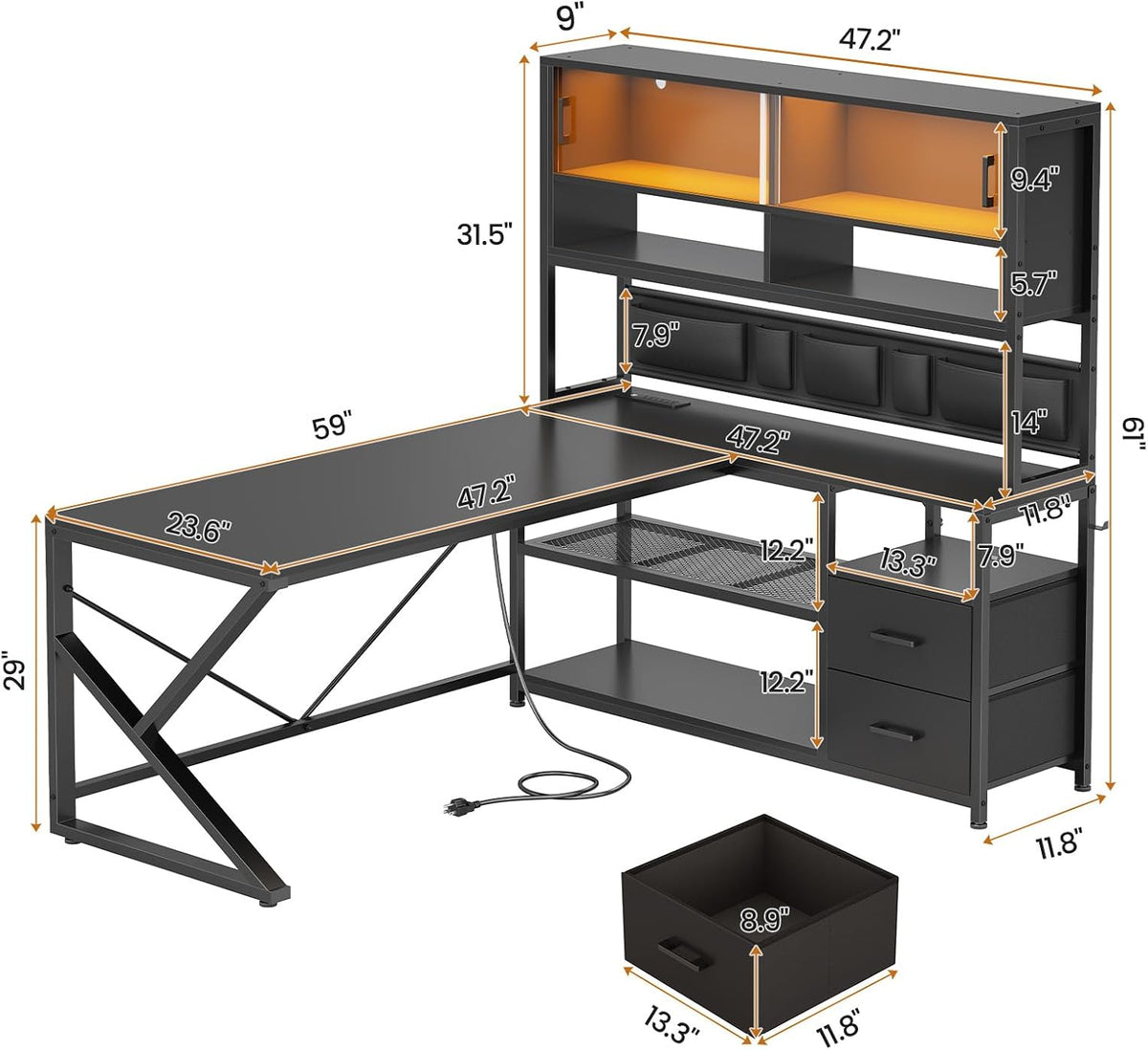 L Shaped Office Desk with Storage Shelves, 2 Drawer, LED Light