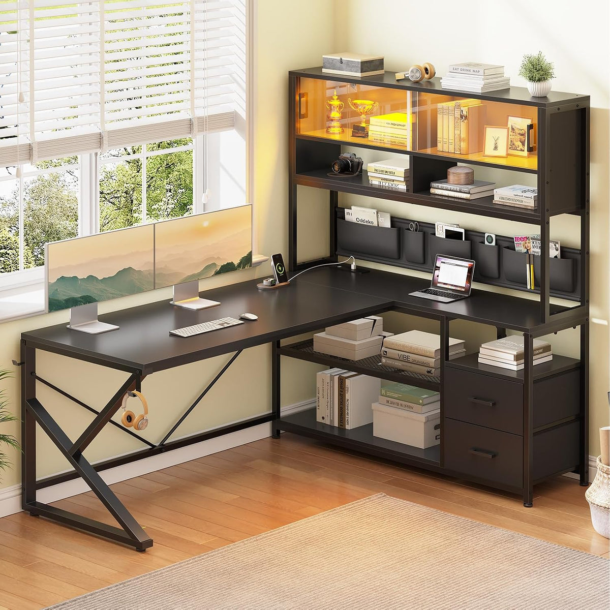 L Shaped Office Desk with Storage Shelves, 2 Drawer, LED Light