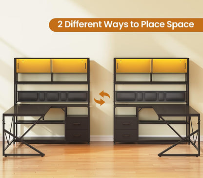 L Shaped Office Desk with Storage Shelves, 2 Drawer, LED Light