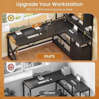 L Shaped Office Desk with Storage Shelves, 2 Drawer, LED Light