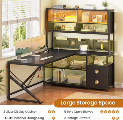 L Shaped Office Desk with Storage Shelves, 2 Drawer, LED Light