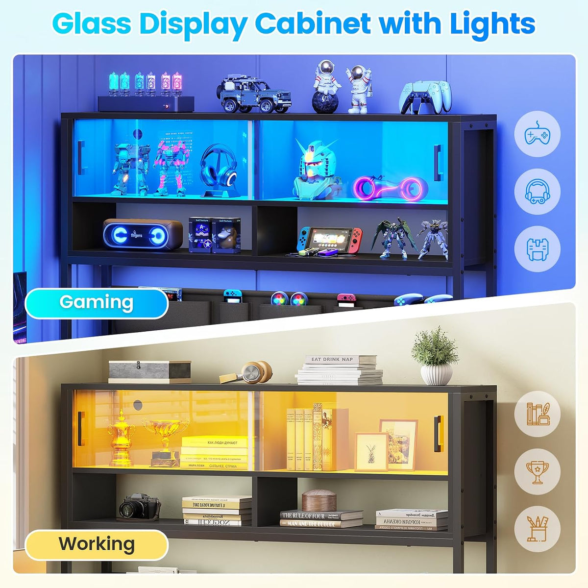 L Shaped Office Desk with Storage Shelves, 2 Drawer, LED Light