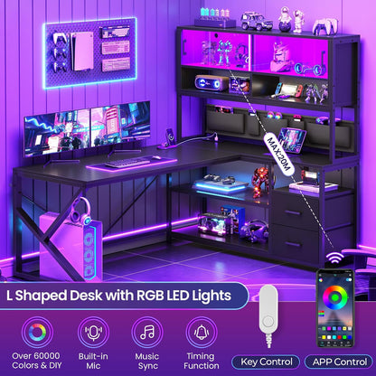 L Shaped Office Desk with Storage Shelves, 2 Drawer, LED Light