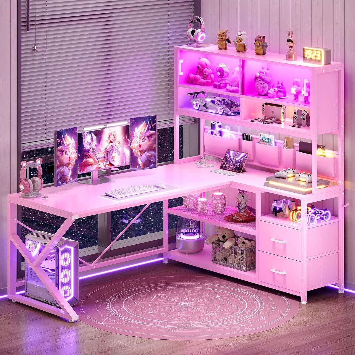 L Shaped Office Desk with Storage Shelves, 2 Drawer, LED Light