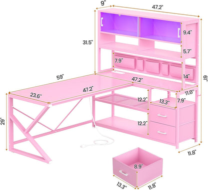L Shaped Office Desk with Storage Shelves, 2 Drawer, LED Light
