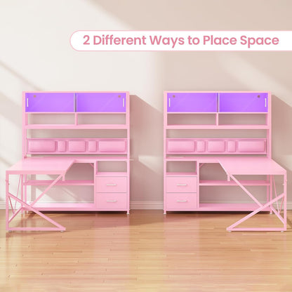L Shaped Office Desk with Storage Shelves, 2 Drawer, LED Light