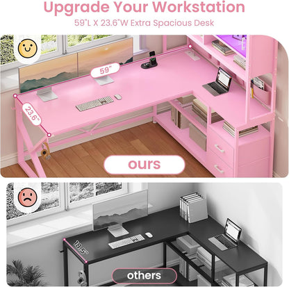 L Shaped Office Desk with Storage Shelves, 2 Drawer, LED Light