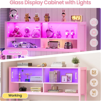 L Shaped Office Desk with Storage Shelves, 2 Drawer, LED Light