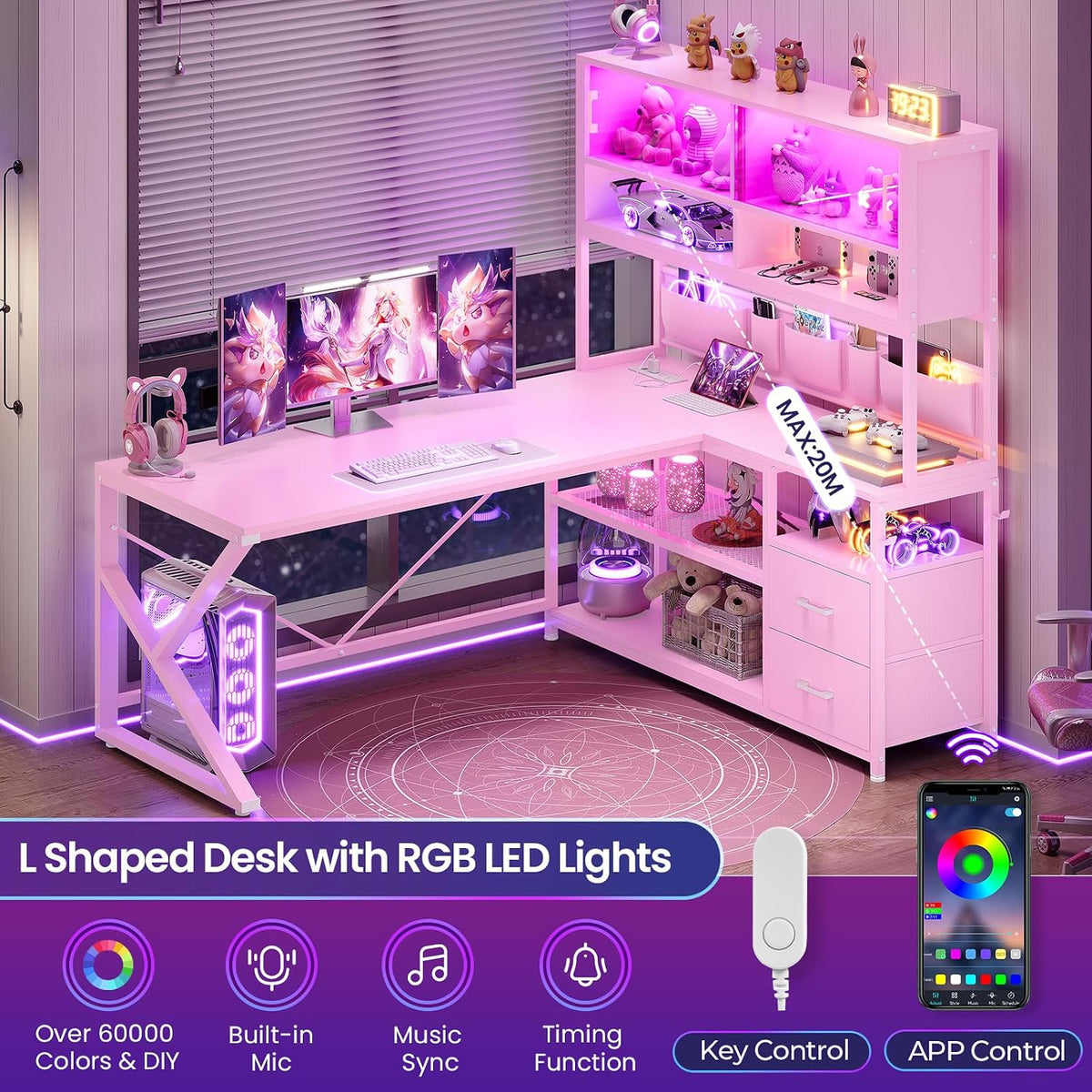 L Shaped Office Desk with Storage Shelves, 2 Drawer, LED Light