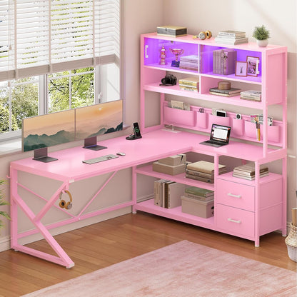 L Shaped Office Desk with Storage Shelves, 2 Drawer, LED Light