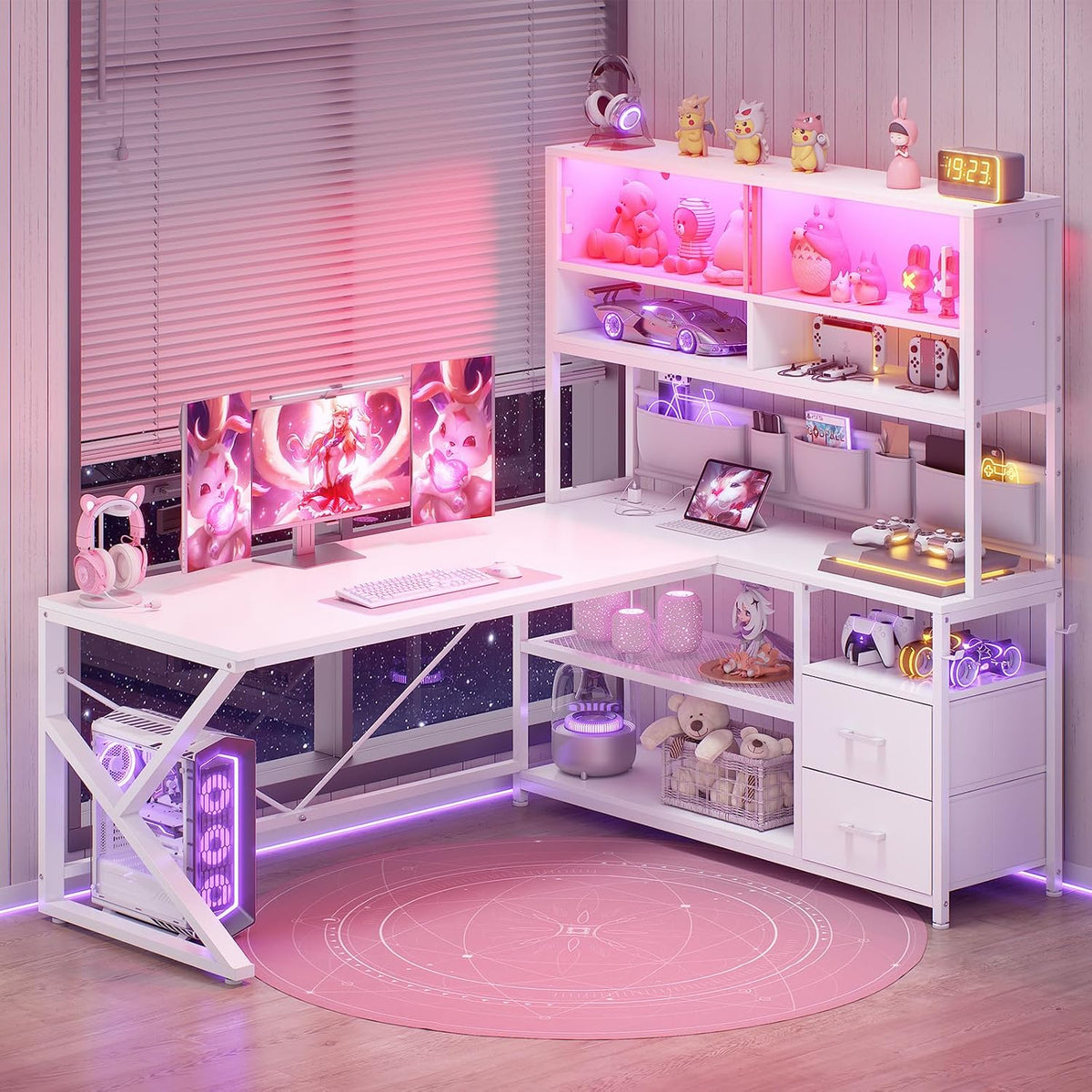 L Shaped Office Desk with Storage Shelves, 2 Drawer, LED Light