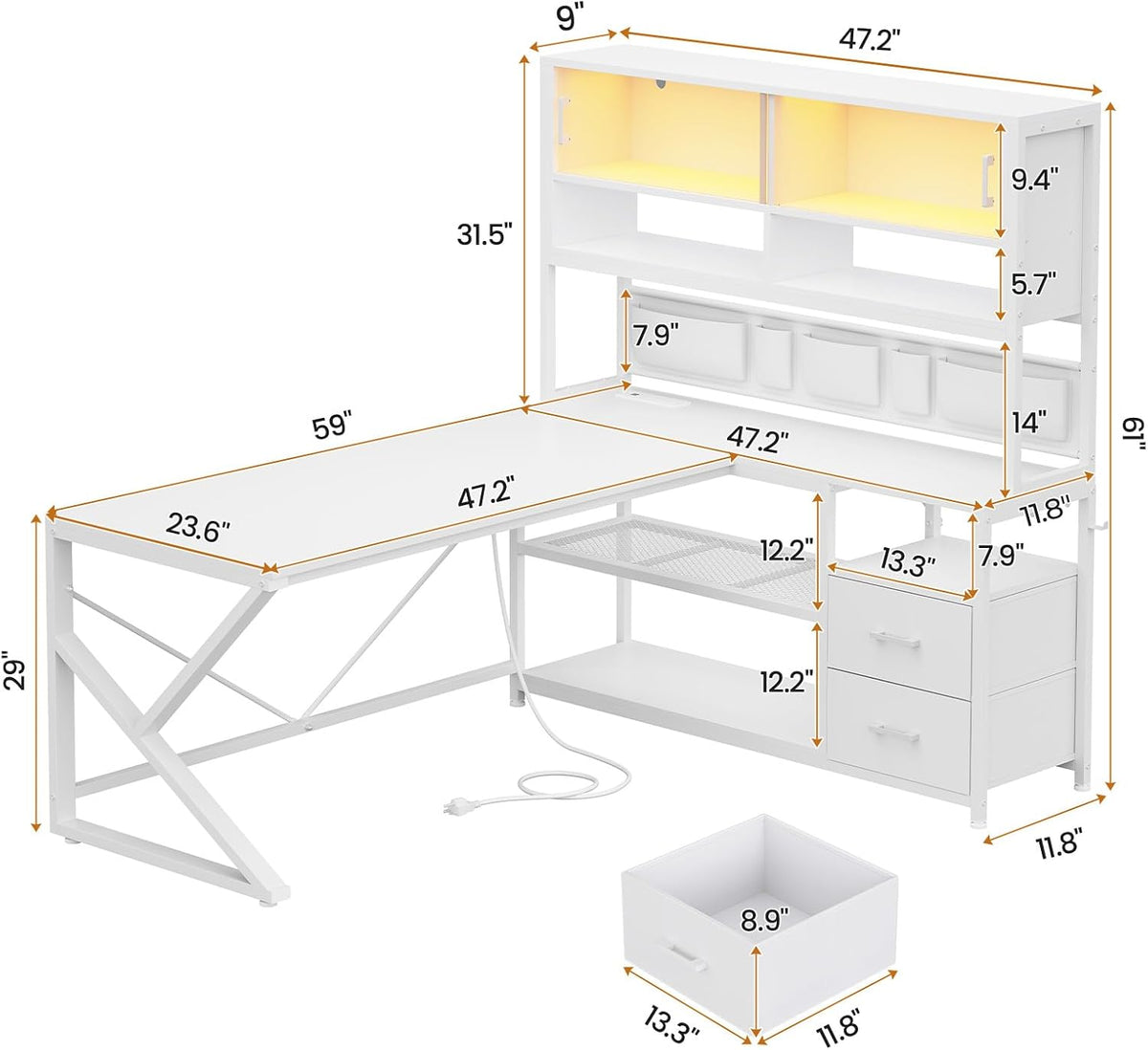 L Shaped Office Desk with Storage Shelves, 2 Drawer, LED Light