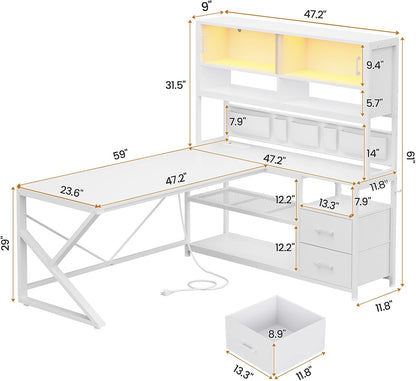 L Shaped Office Desk with Storage Shelves, 2 Drawer, LED Light