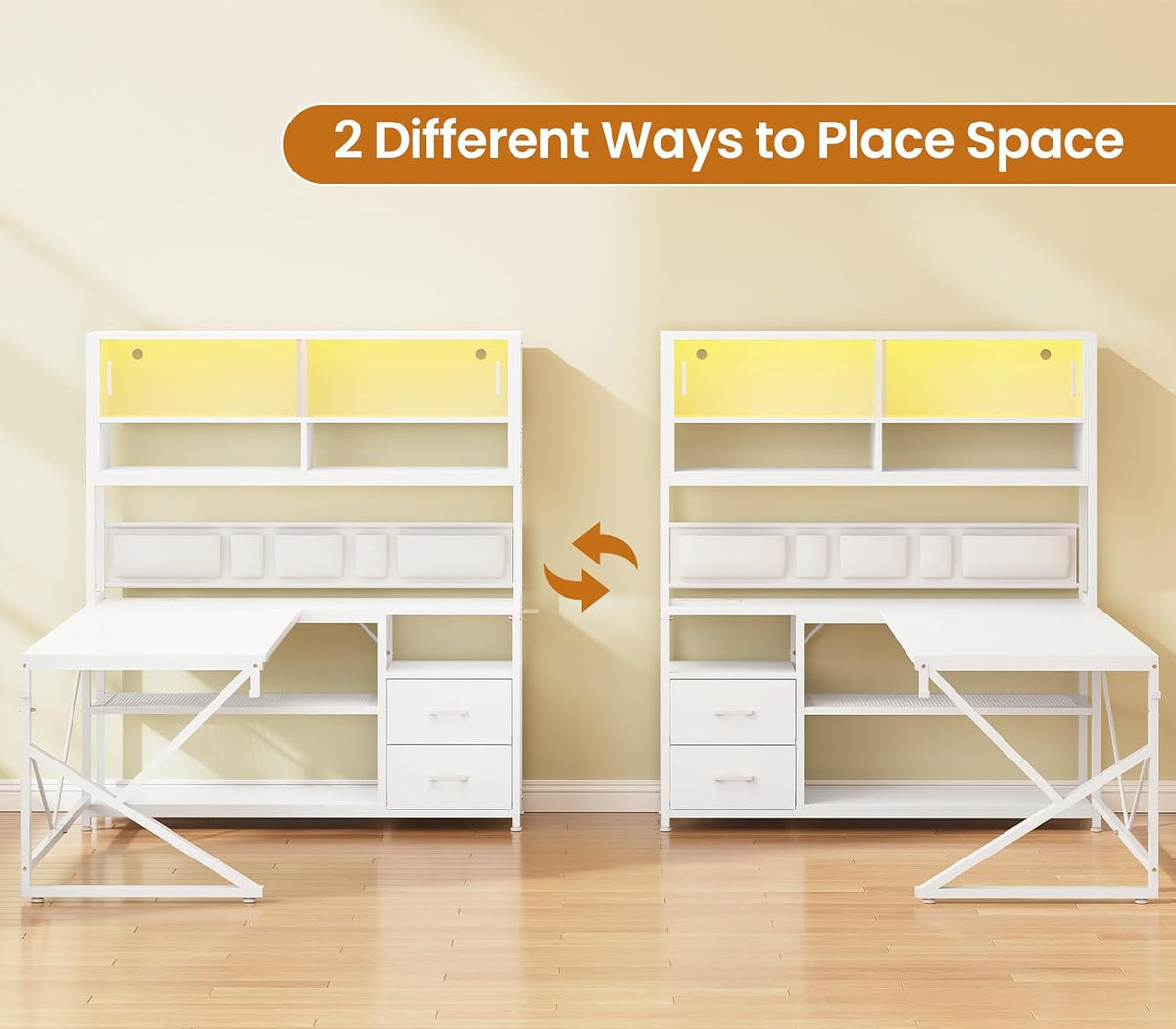 L Shaped Office Desk with Storage Shelves, 2 Drawer, LED Light
