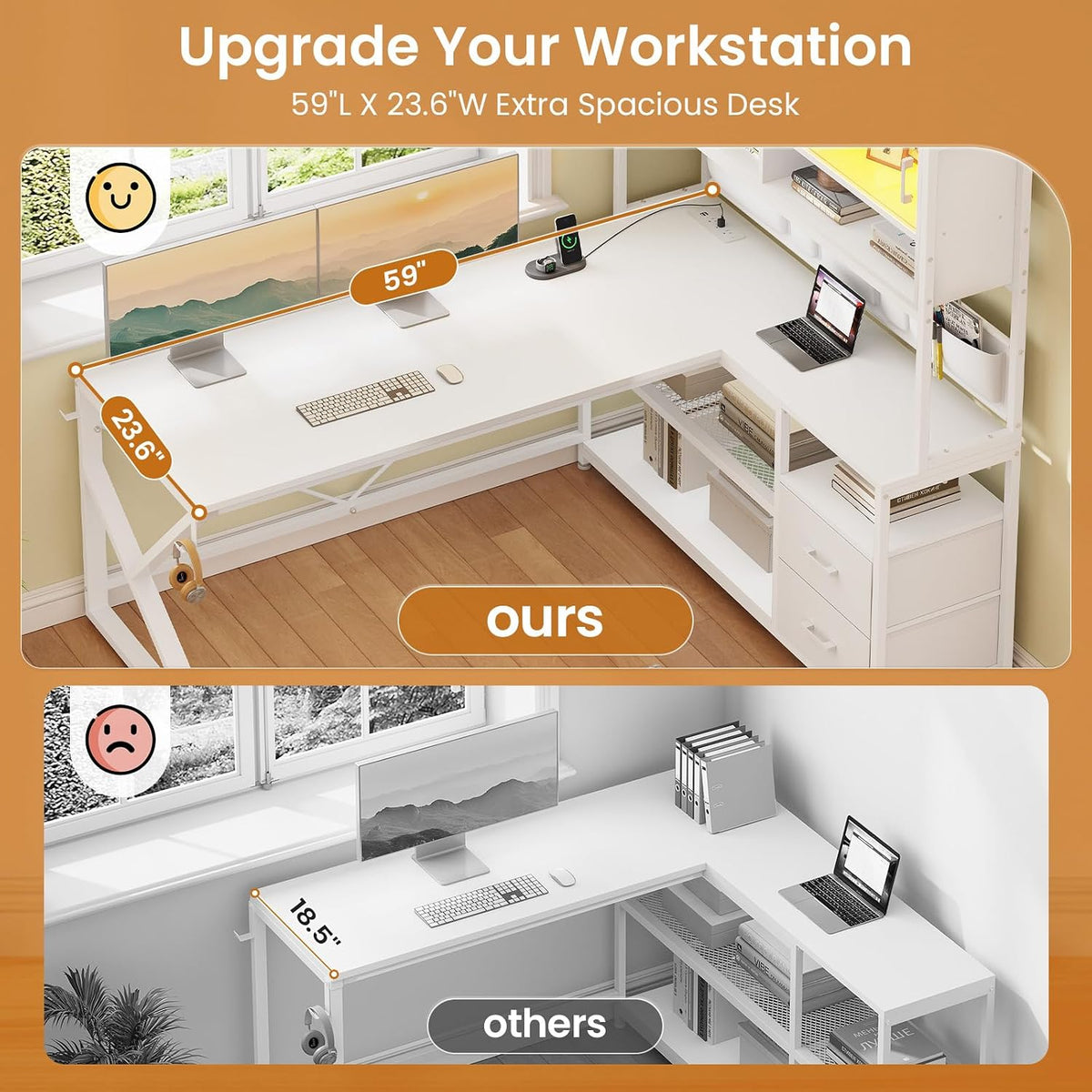 L Shaped Office Desk with Storage Shelves, 2 Drawer, LED Light