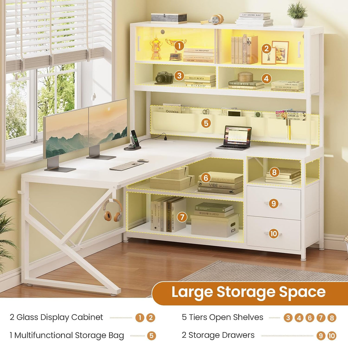 L Shaped Office Desk with Storage Shelves, 2 Drawer, LED Light