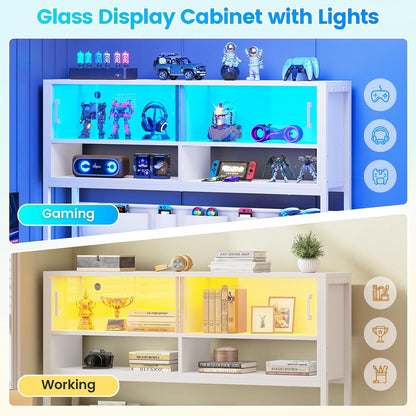 L Shaped Office Desk with Storage Shelves, 2 Drawer, LED Light