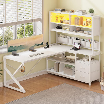 L Shaped Office Desk with Storage Shelves, 2 Drawer, LED Light