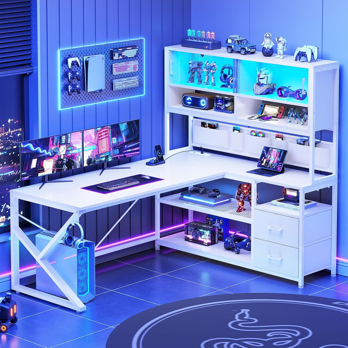 L Shaped Office Desk with Storage Shelves, 2 Drawer, LED Light