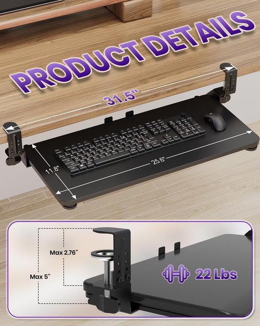 Ergonomic Keyboard Tray Under Desk, 25.6x11.8 Inch Board, Black