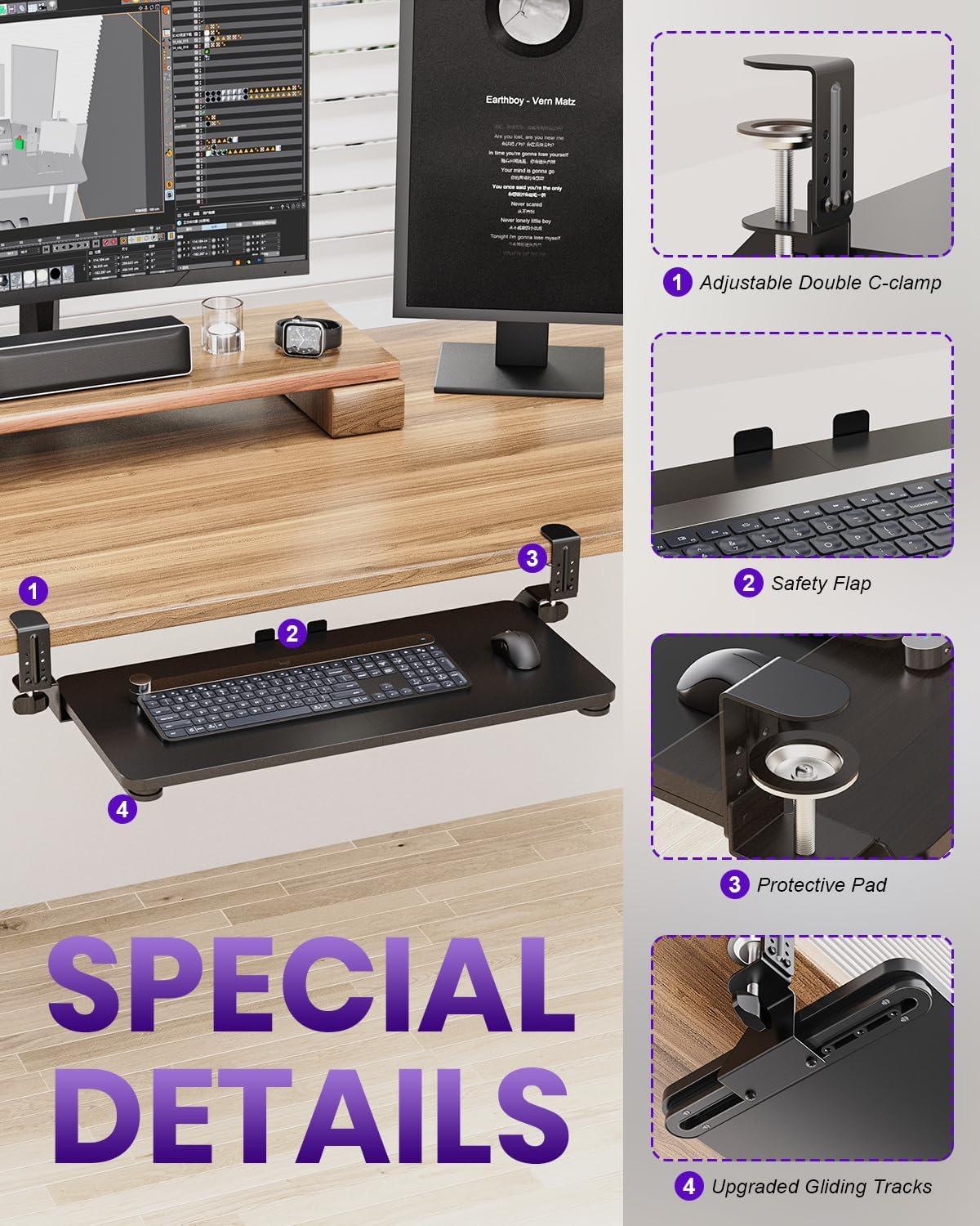 Ergonomic Keyboard Tray Under Desk, 25.6x11.8 Inch Board, Black
