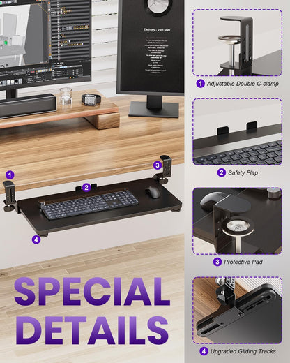 Ergonomic Keyboard Tray Under Desk, 25.6x11.8 Inch Board, Black