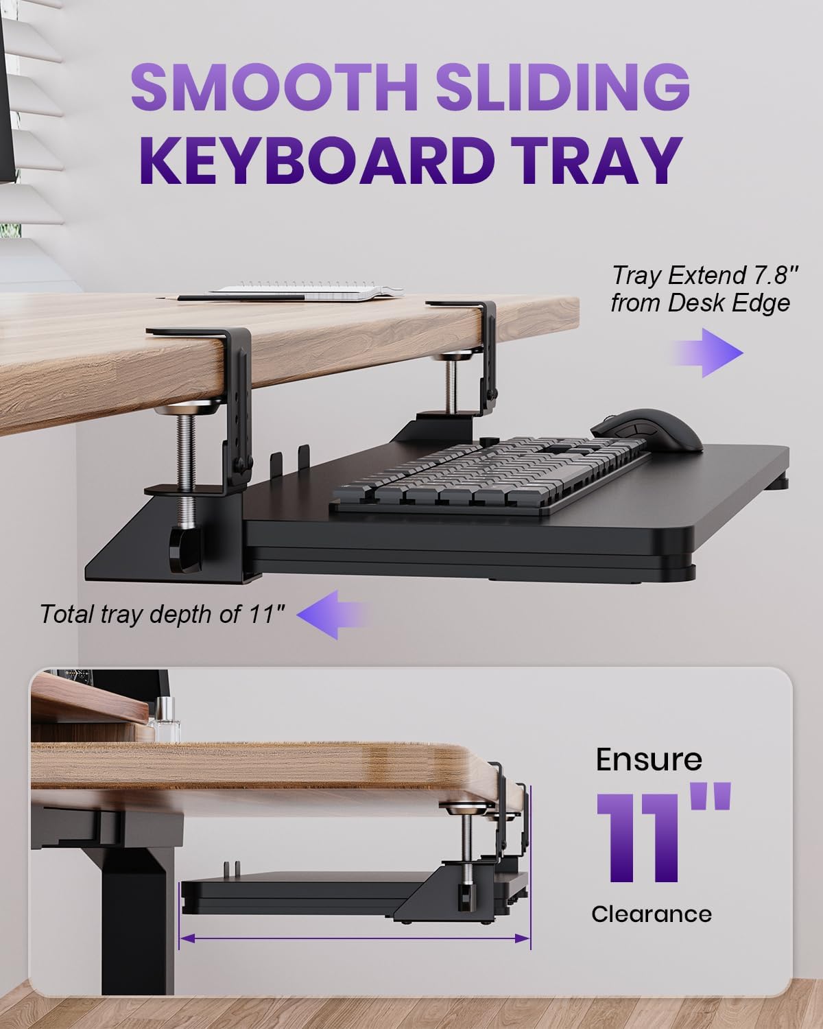 Ergonomic Keyboard Tray Under Desk, 25.6x11.8 Inch Board, Black