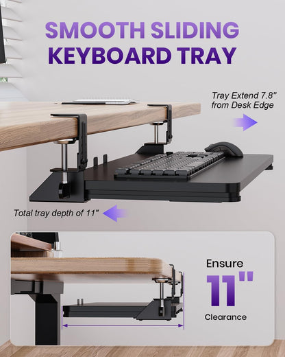 Ergonomic Keyboard Tray Under Desk, 25.6x11.8 Inch Board, Black