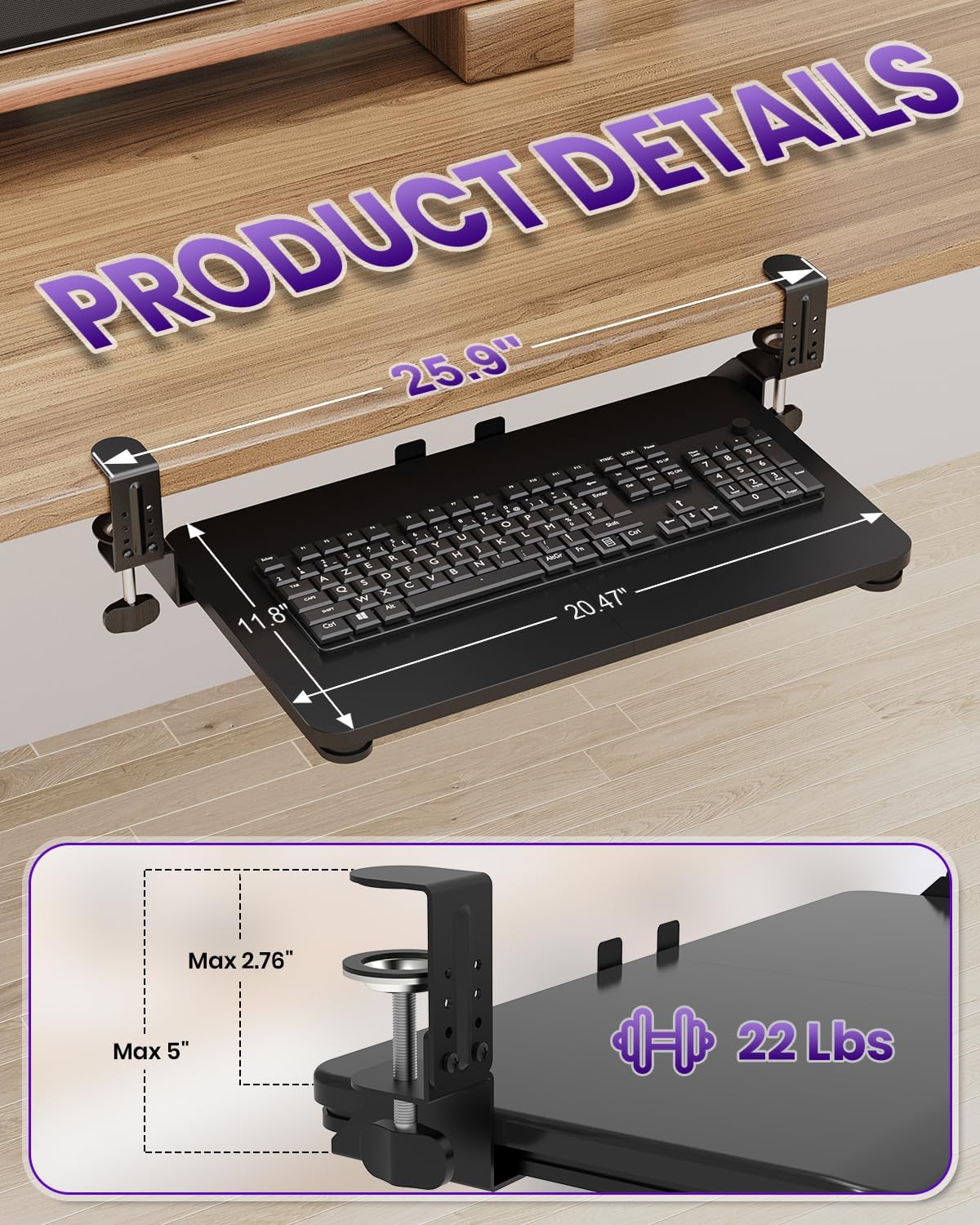Ergonomic Keyboard Tray Under Desk, 25.6x11.8 Inch Board, Black