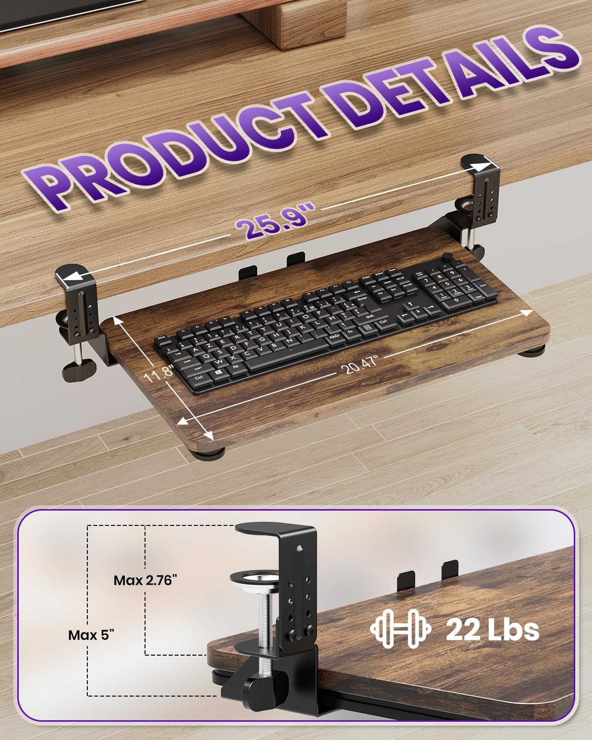 Ergonomic Keyboard Tray Under Desk, 25.6x11.8 Inch Board, Black