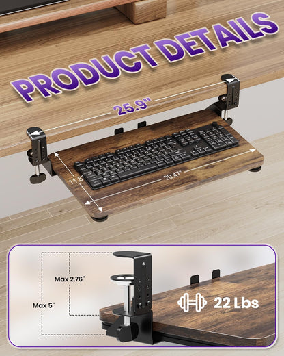 Ergonomic Keyboard Tray Under Desk, 25.6x11.8 Inch Board, Black