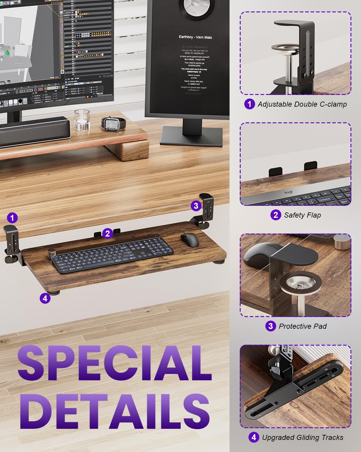 Ergonomic Keyboard Tray Under Desk, 25.6x11.8 Inch Board, Black