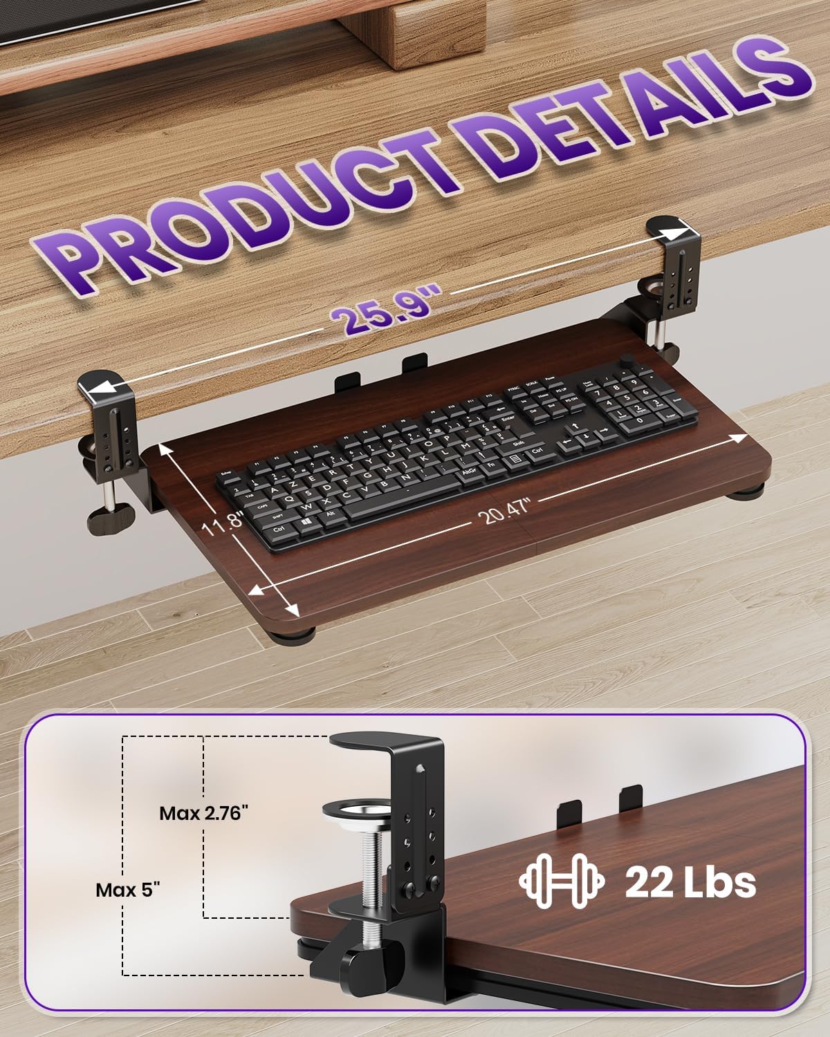 Ergonomic Keyboard Tray Under Desk, 25.6x11.8 Inch Board, Black