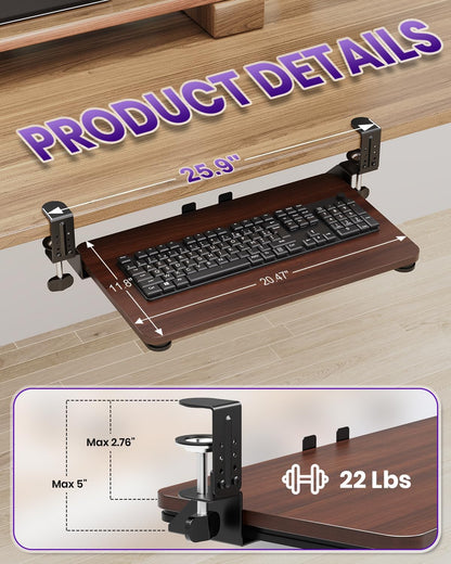 Ergonomic Keyboard Tray Under Desk, 25.6x11.8 Inch Board, Black