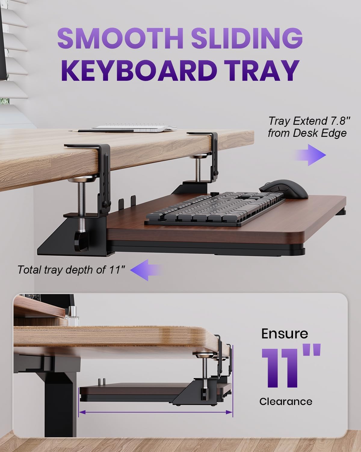 Ergonomic Keyboard Tray Under Desk, 25.6x11.8 Inch Board, Black