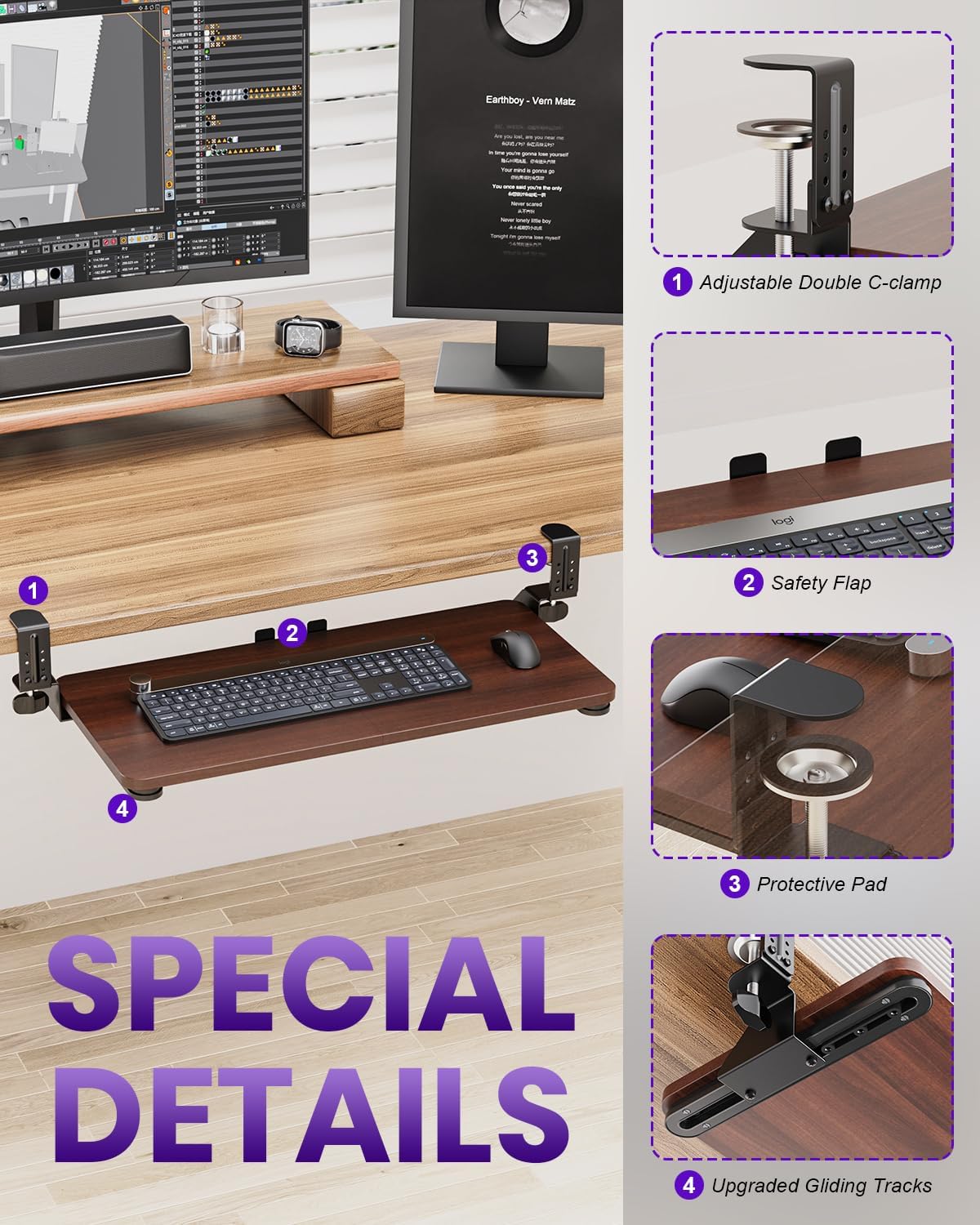 Ergonomic Keyboard Tray Under Desk, 25.6x11.8 Inch Board, Black