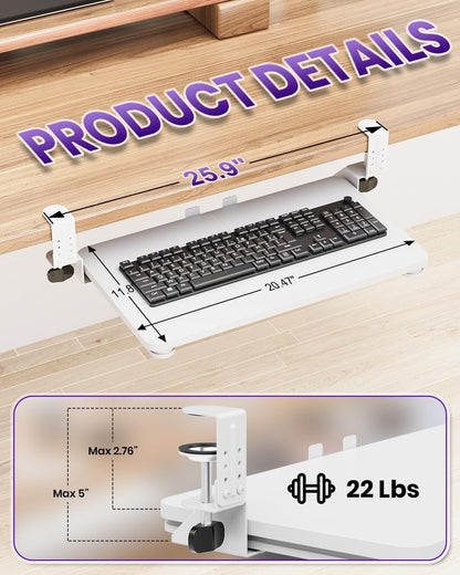 Ergonomic Keyboard Tray Under Desk, 25.6x11.8 Inch Board, Black