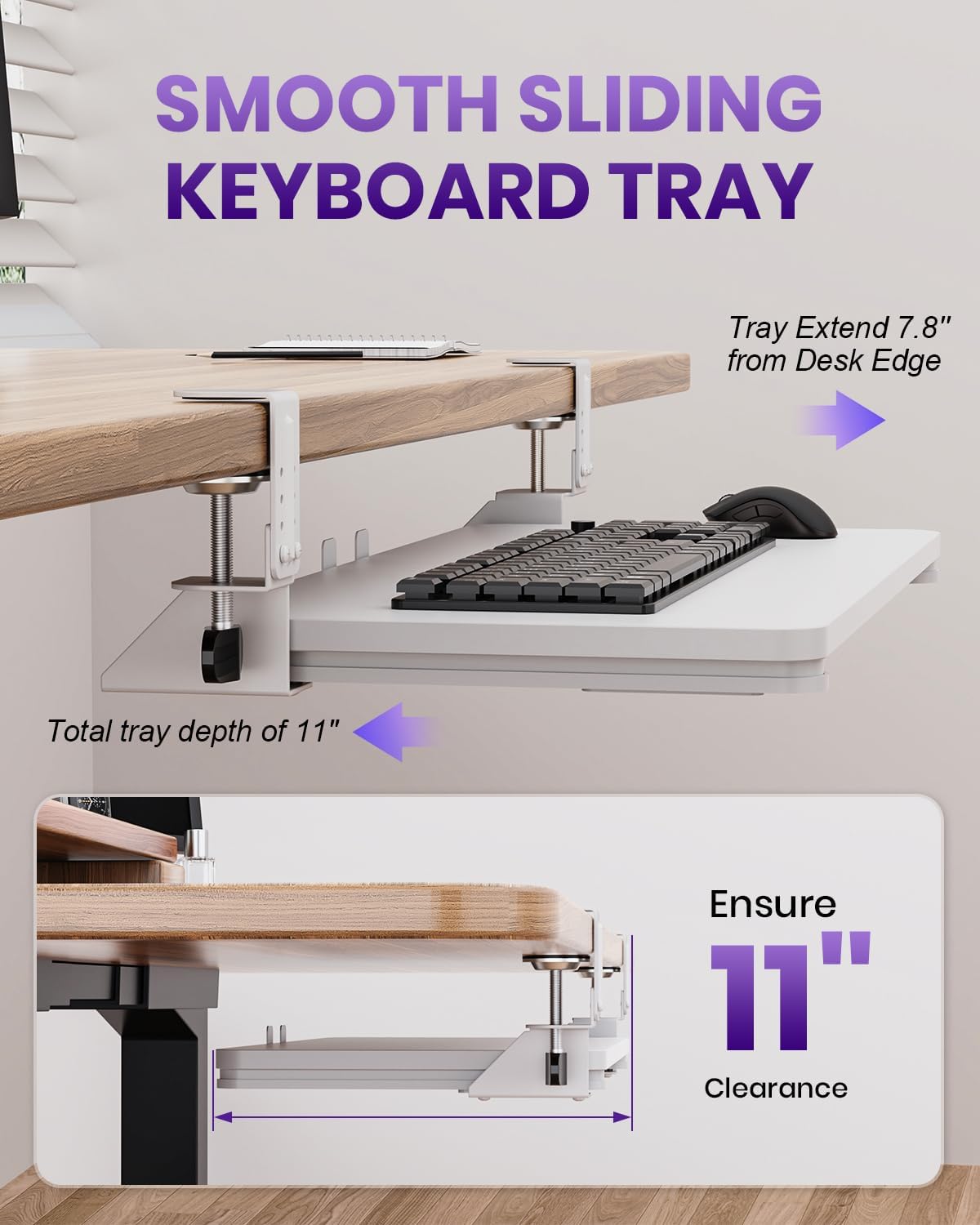 Ergonomic Keyboard Tray Under Desk, 25.6x11.8 Inch Board, Black