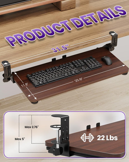 Ergonomic Keyboard Tray Under Desk, 25.6x11.8 Inch Board, Black