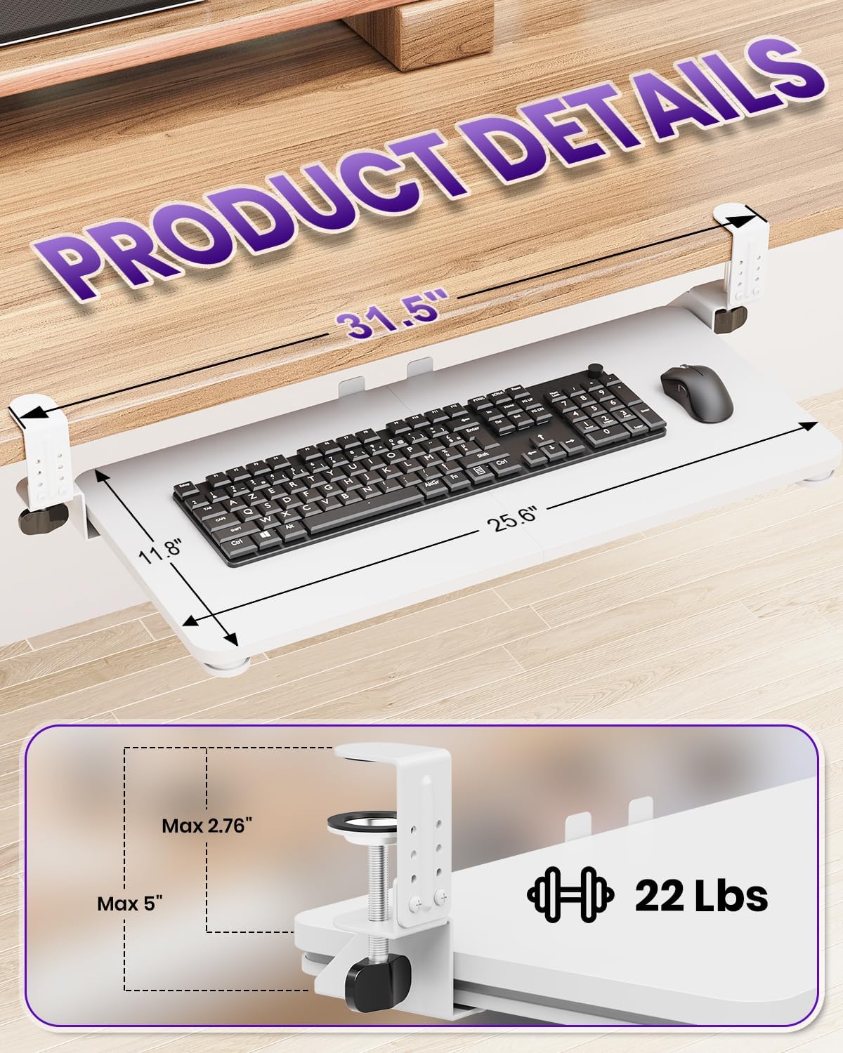 Ergonomic Keyboard Tray Under Desk, 25.6x11.8 Inch Board, Black