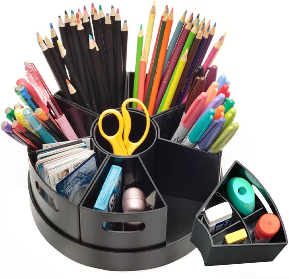 Kids Art Supply Storage Organizer with Dividers – 8.6" Rotating Lazy Susan Caddy for Crayons, Markers & Pencils