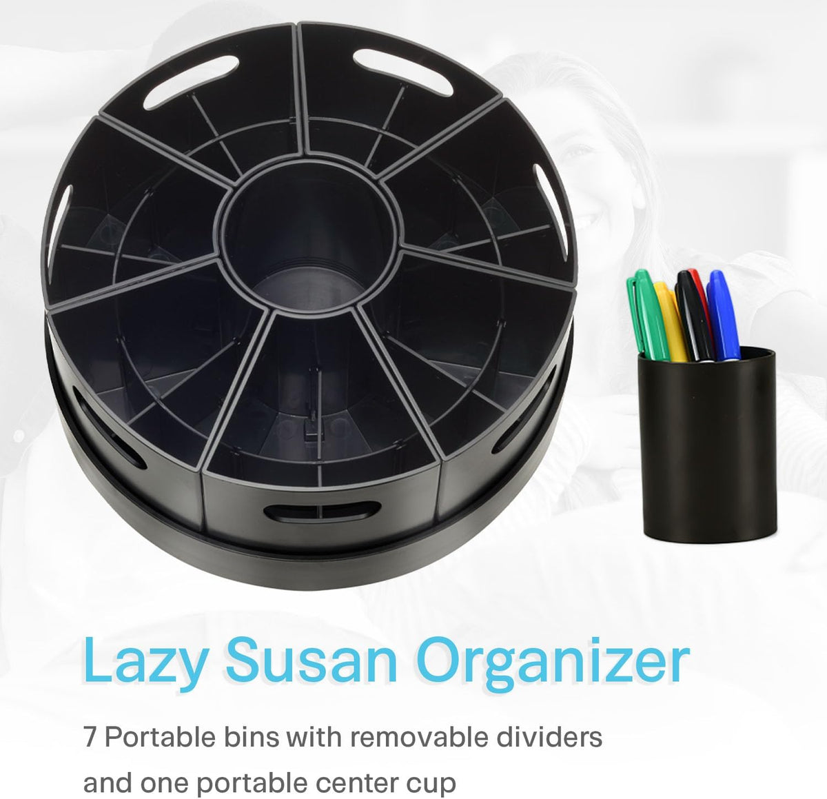 Kids Art Supply Storage Organizer with Dividers – 8.6" Rotating Lazy Susan Caddy for Crayons, Markers & Pencils