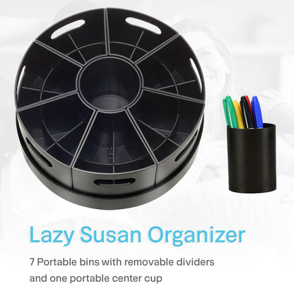 Kids Art Supply Storage Organizer with Dividers – 8.6" Rotating Lazy Susan Caddy for Crayons, Markers & Pencils