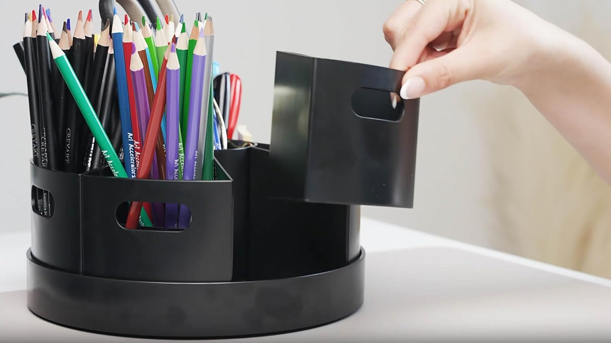 Kids Art Supply Storage Organizer with Dividers – 8.6" Rotating Lazy Susan Caddy for Crayons, Markers & Pencils