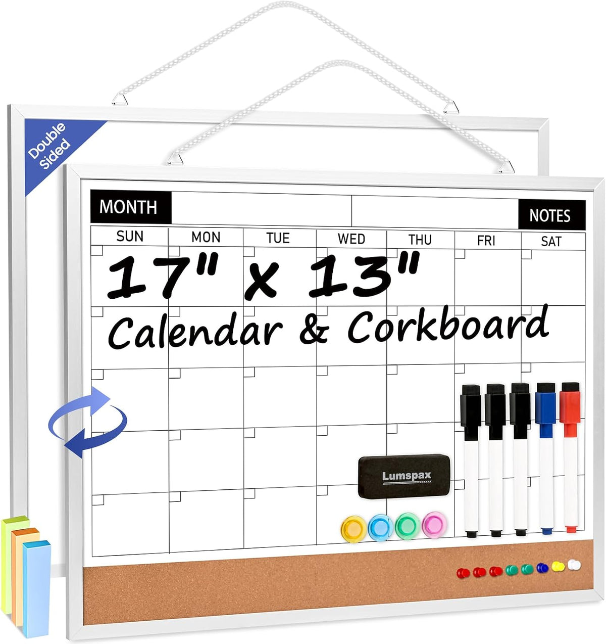 Calendar Whiteboard Monthly Dry Erase Calendar for Wall, 17"x13" Double-Sided Small White Board with Cork, Silver Aluminum Alloy Frame Hanging Wall Calendar for Home, Kitchen, Office, School